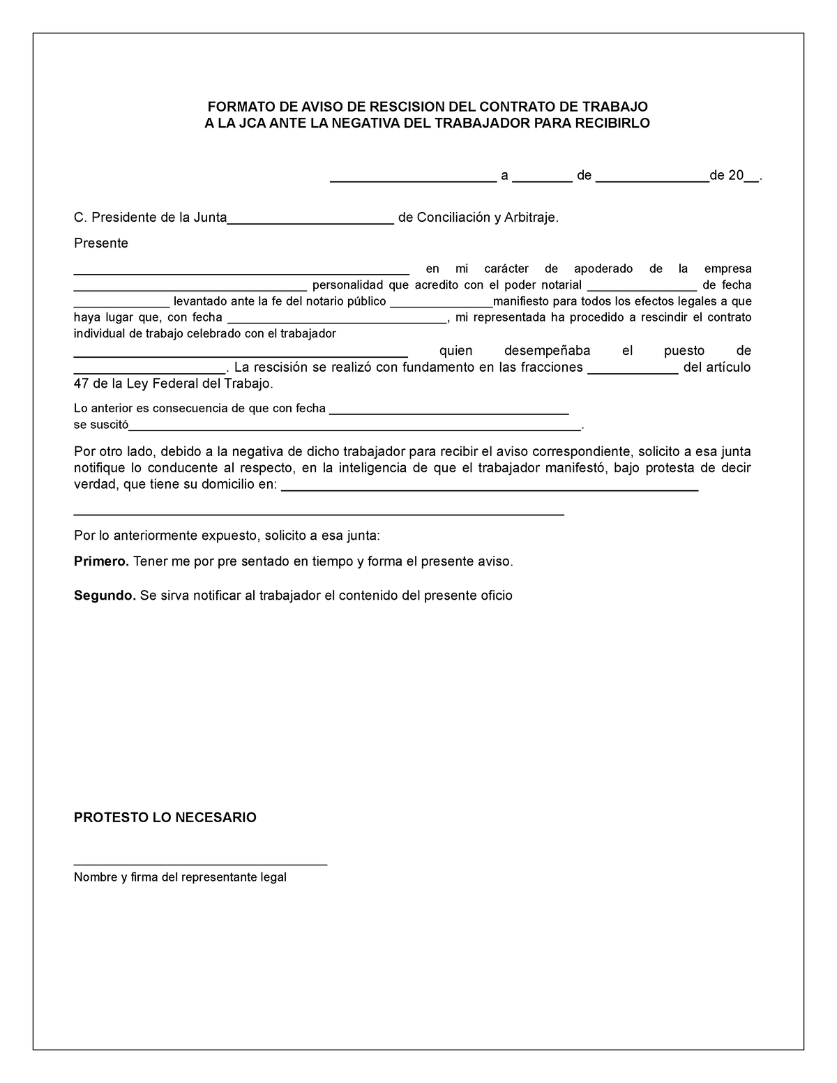 Formato De Aviso De Rescision Del Contrato De Trabajo Ante La Jca En Sexiz Pix 2325