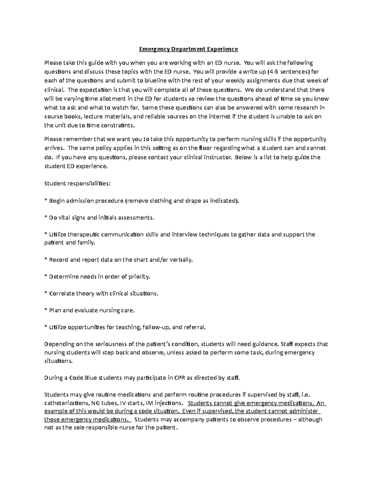 Emergency Department Worksheet - Emergency Department Experience Please ...