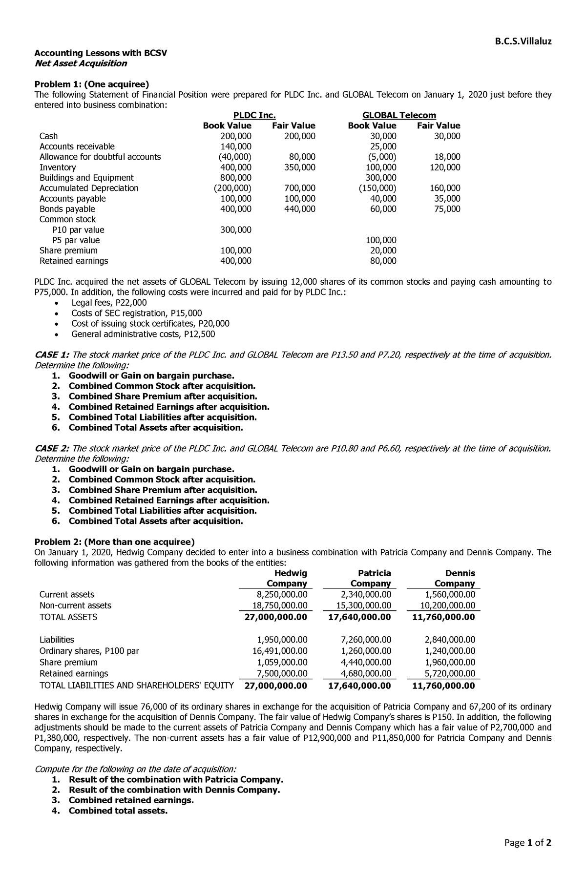 Net Asset Acquisition - Buscom/Merger/Consolidation - B.C.S Page 1 Of 2 ...