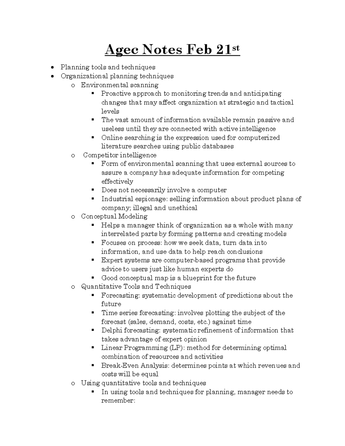 Agec 318 Lecture 9 Notes - Agec Notes Feb 21st Planning tools and ...