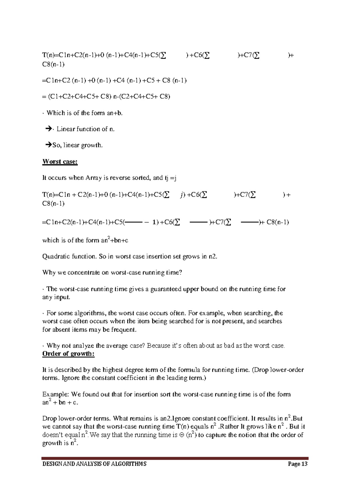 Design and Analysis of Algorithm notes- T(n)=C1n+C2(n-1)+0 (n-1)+C4(n-1 ...