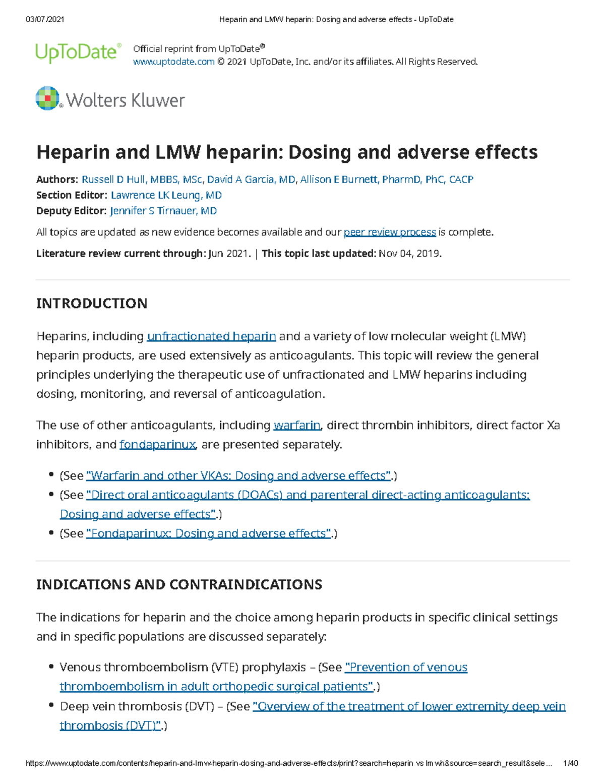 Heparin and LMW heparin Dosing and adverse effects Up To Date Studocu