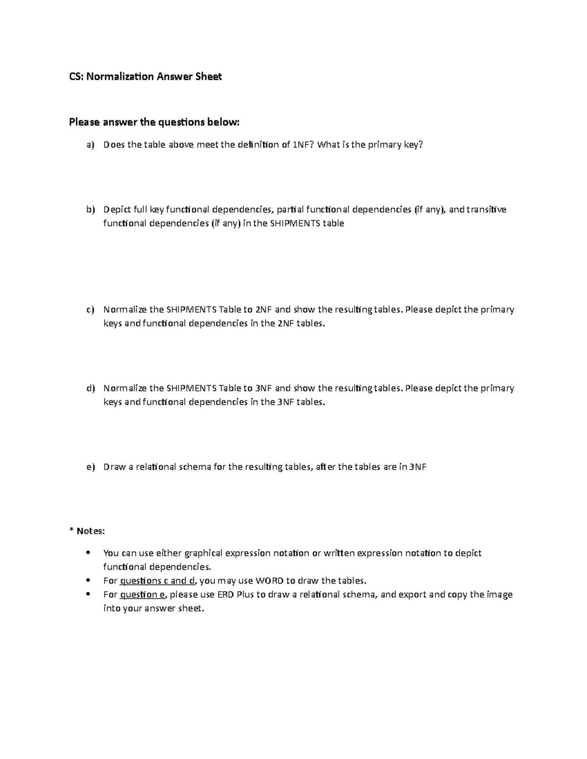 CS Normalization Answer Sheet(1) - CS: Normalization Answer Sheet ...