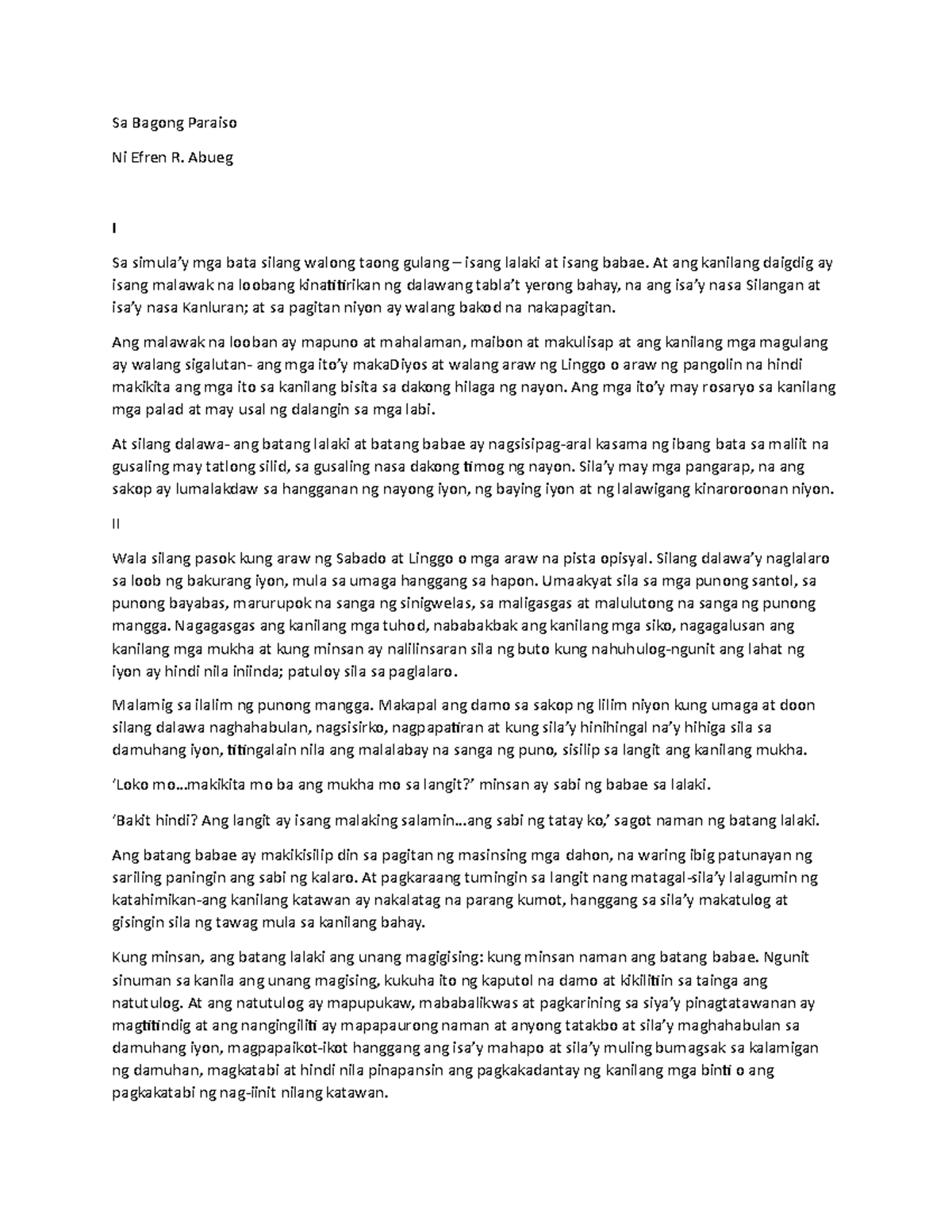 Sabagongparaiso Its a Story Sa Bagong Paraiso Ni Efren R. Abueg I
