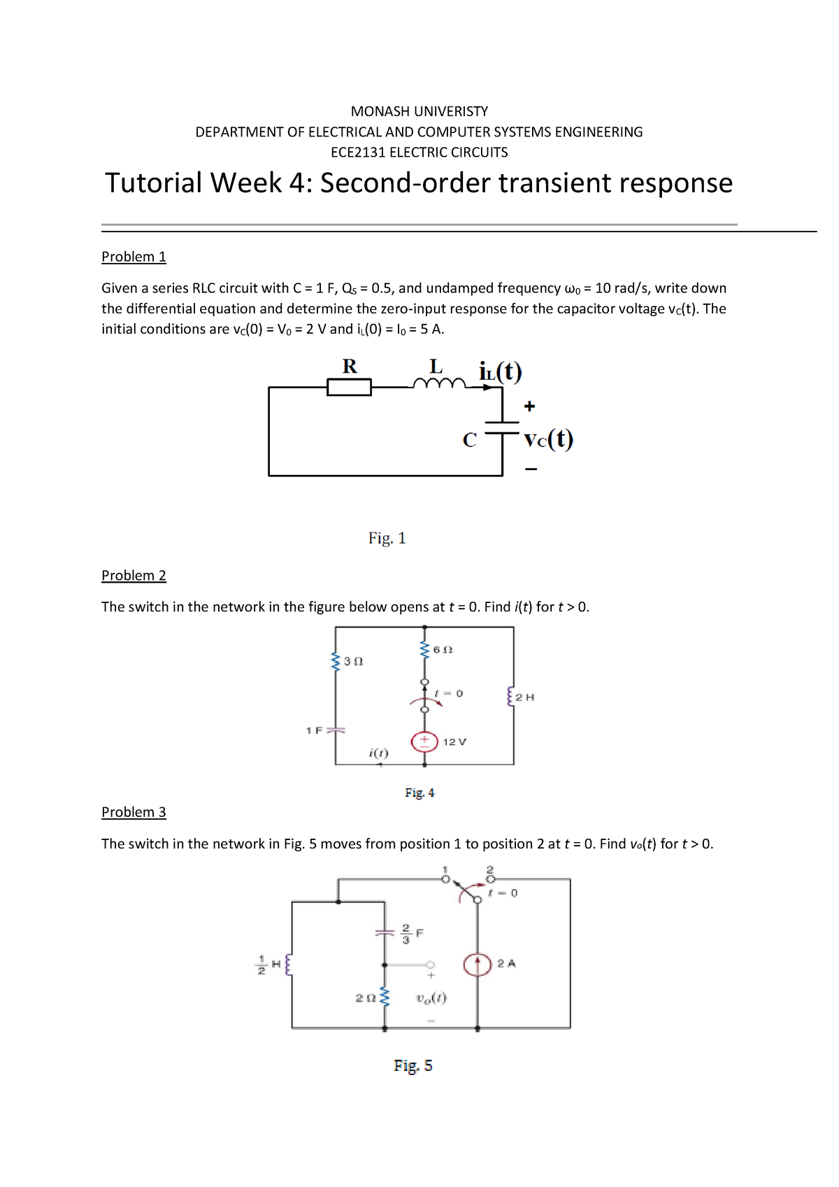 Tutorial Week 4 - Second-Order Transient Response - MONASH UNIVERISTY ...