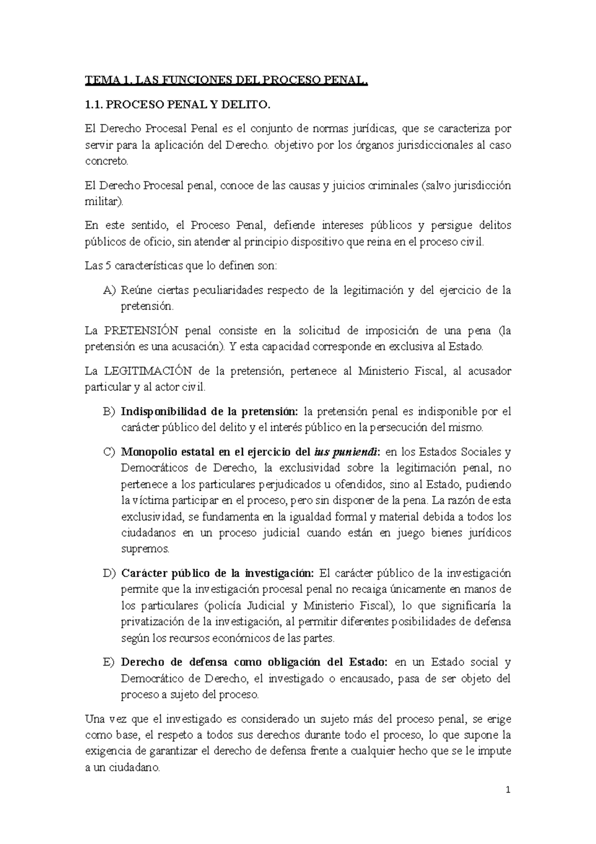 Derecho Procesal Penal ( Parcial I) - TEMA 1. LAS FUNCIONES DEL PROCESO ...