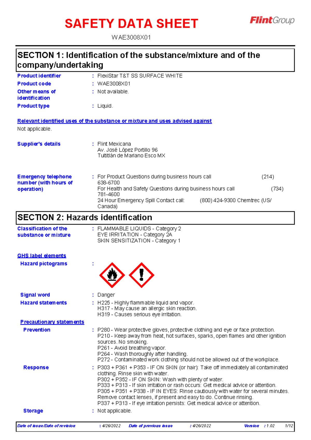 WAE3008X01 Flint GHS SDS MX- XMX1 English US - FlexiStar T&T SS SURFACE ...