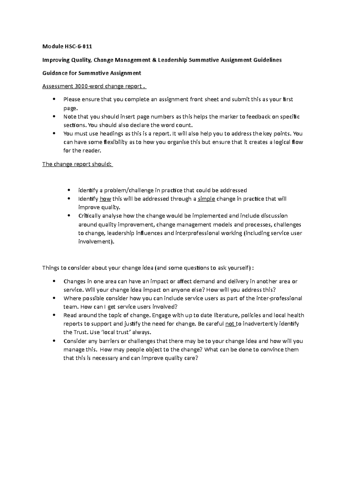 Improving Quality, Change Management and Leadership (Assignment PLAN ...