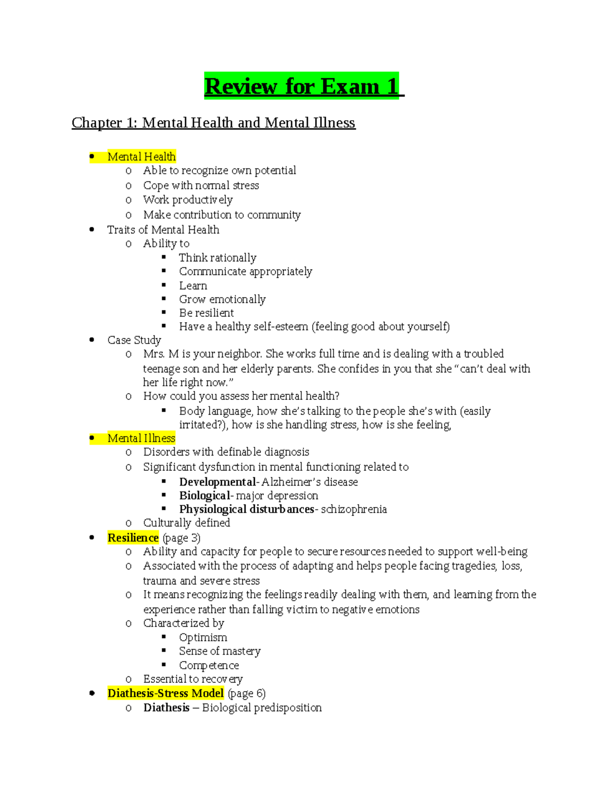 Exam 1 Psych - Review For Exam 1 Chapter 1: Mental Health And Mental ...