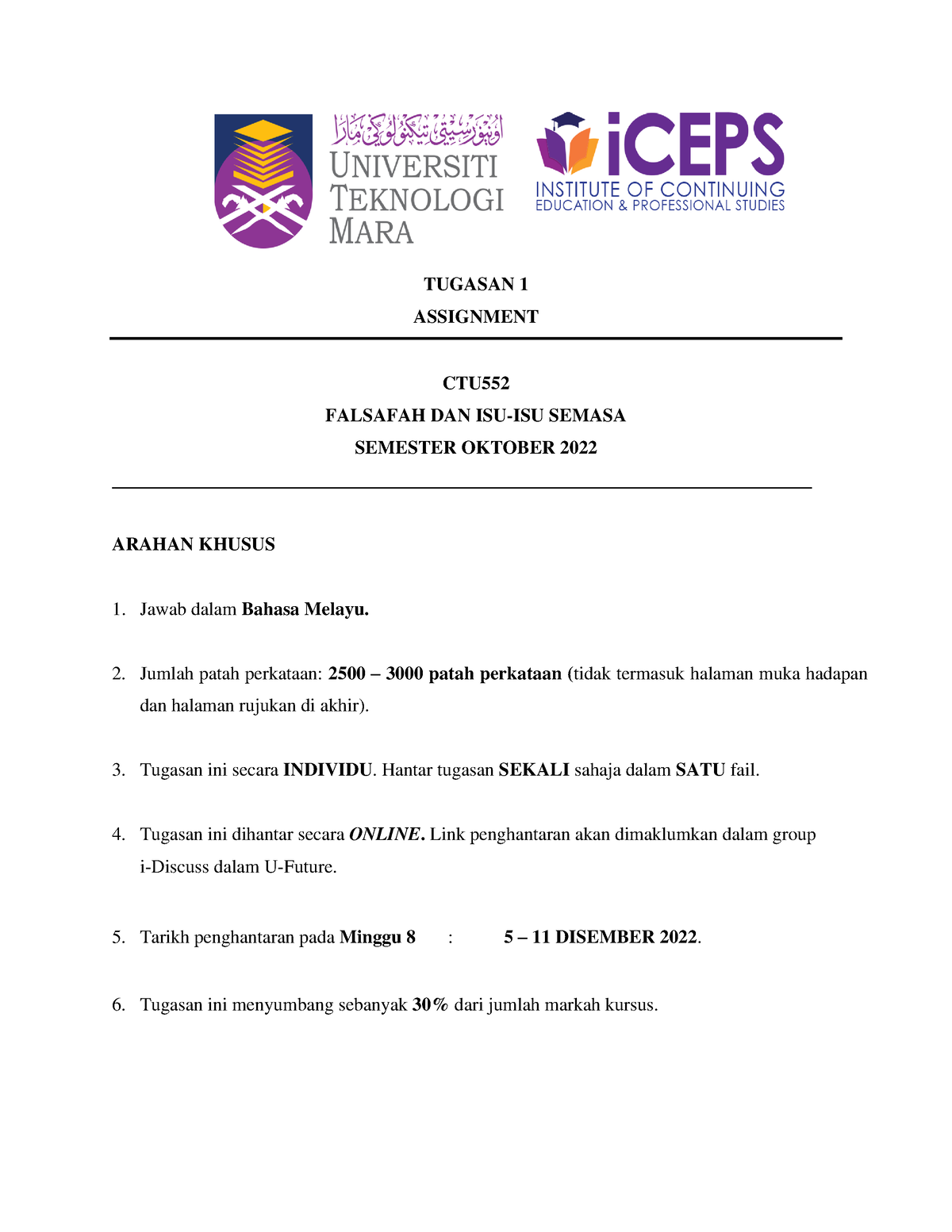 Tugasan 1 Assignment - TUGASAN 1 ASSIGNMENT CTU FALSAFAH DAN ISU-ISU ...