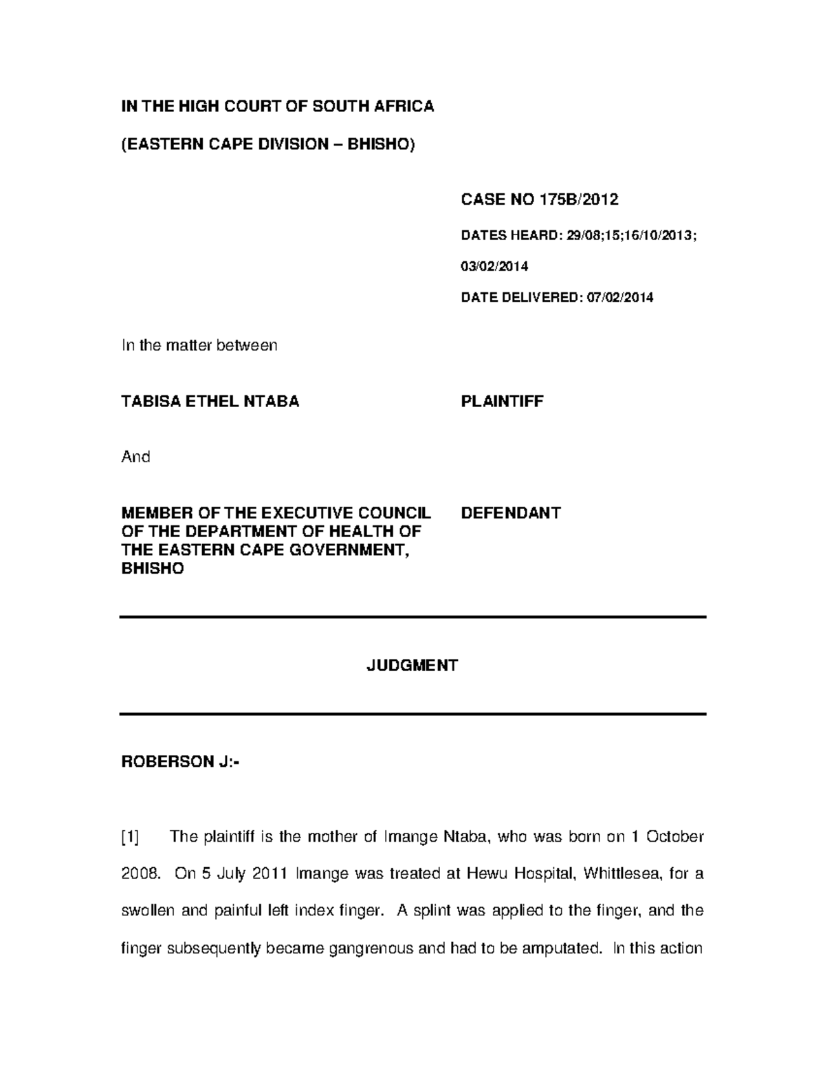 1 (19) - Case law - IN THE HIGH COURT OF SOUTH AFRICA (EASTERN CAPE ...