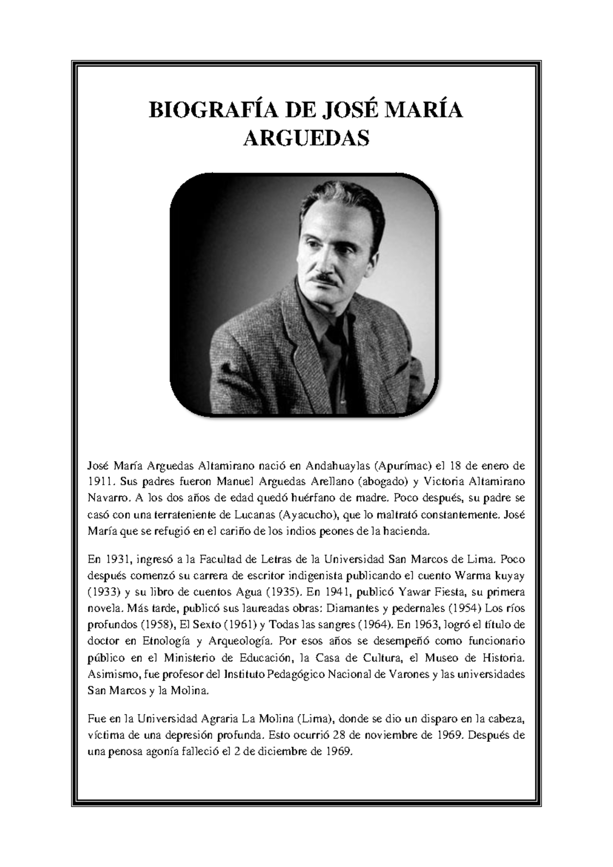 Biografía De Jose María Arguedas BiografÍa De JosÉ MarÍa Arguedas José María Arguedas