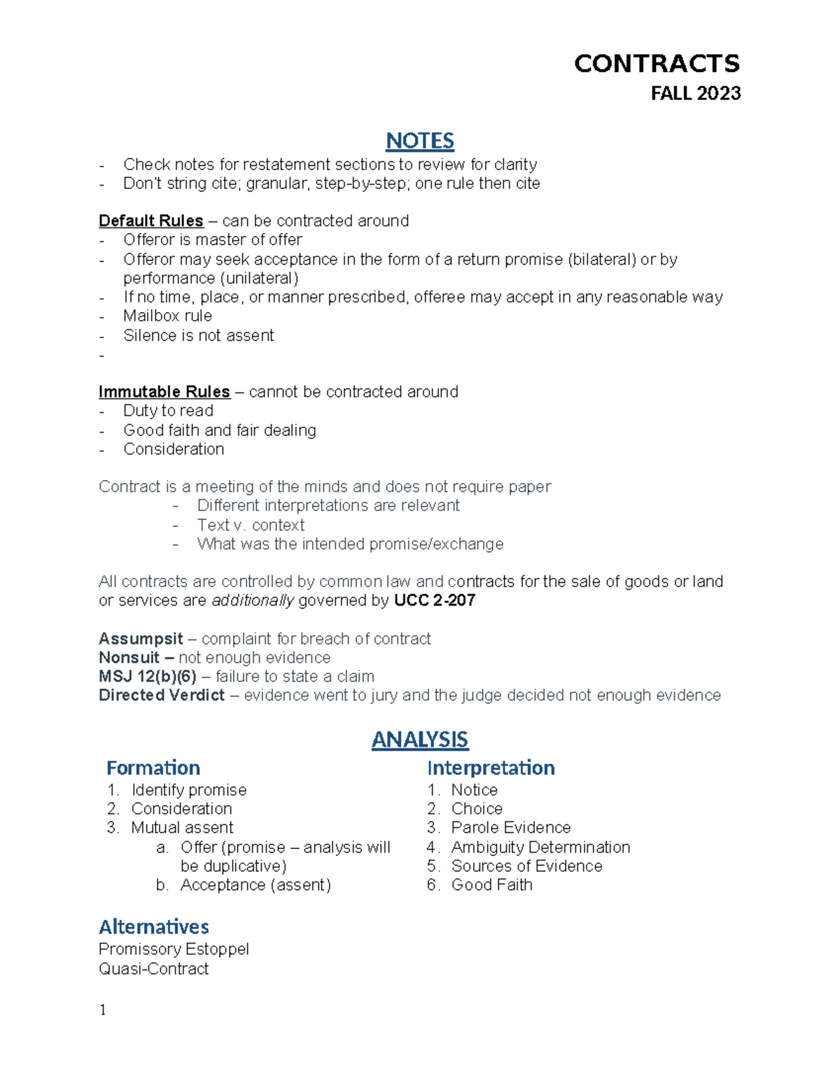 Contracts Skinny - Outline - FALL 2023 NOTES - Check notes for ...