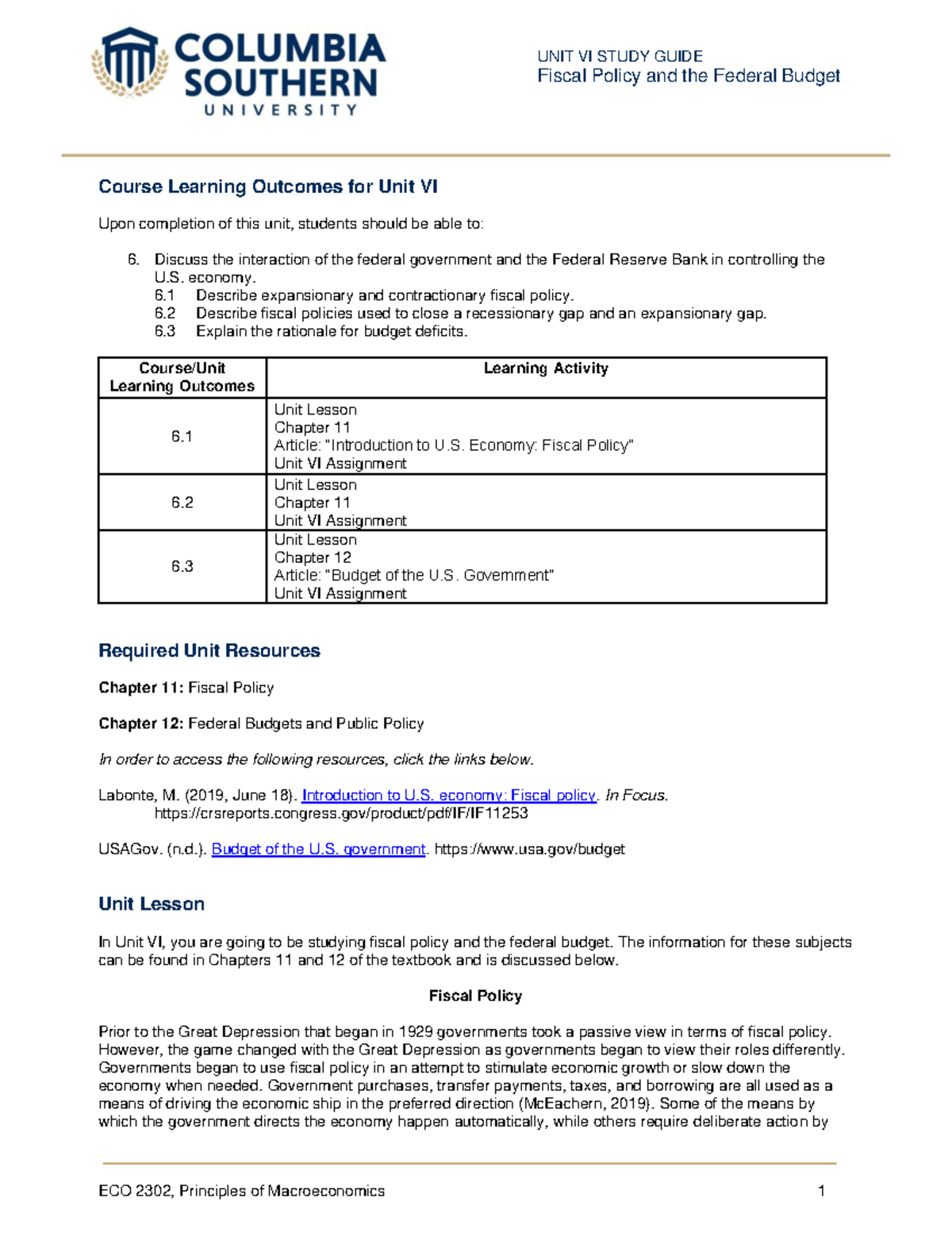 Unit 6 Study Guide Macroeconomics Course Learning Outcomes For Unit Unit 6 Study Guide Macroeconomics Course Learning Outcomes For Unit