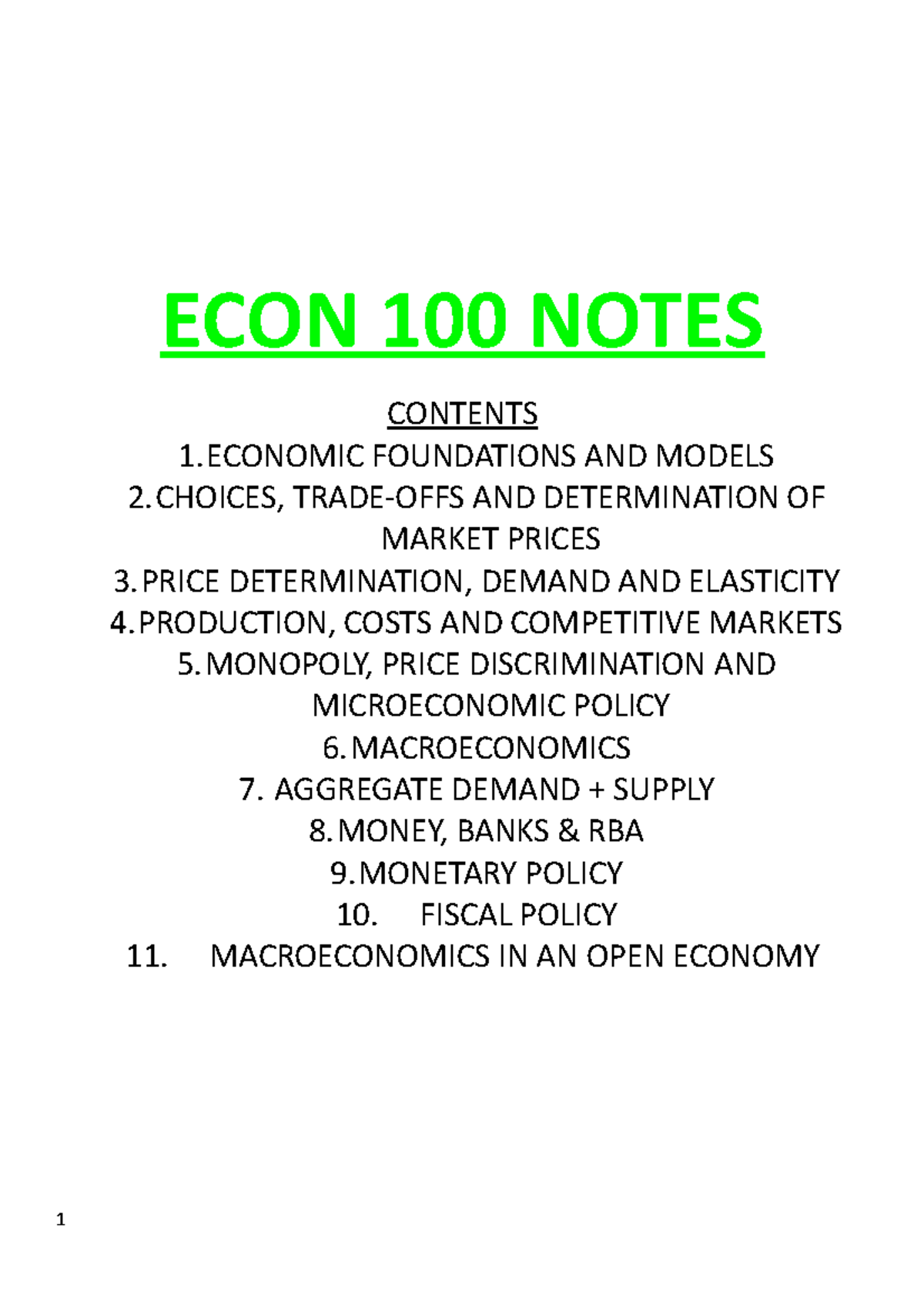 ECON 100 Study Notes - ECON 100 NOTES CONTENTS 1 FOUNDATIONS AND MODELS ...