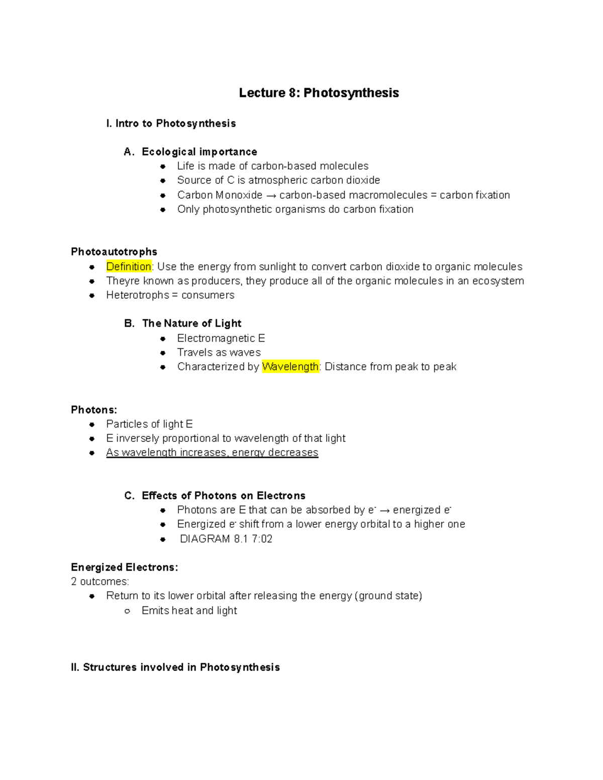Gen bio notes lectures 8-13 - Lecture 8: Photosynthesis l. Intro to ...