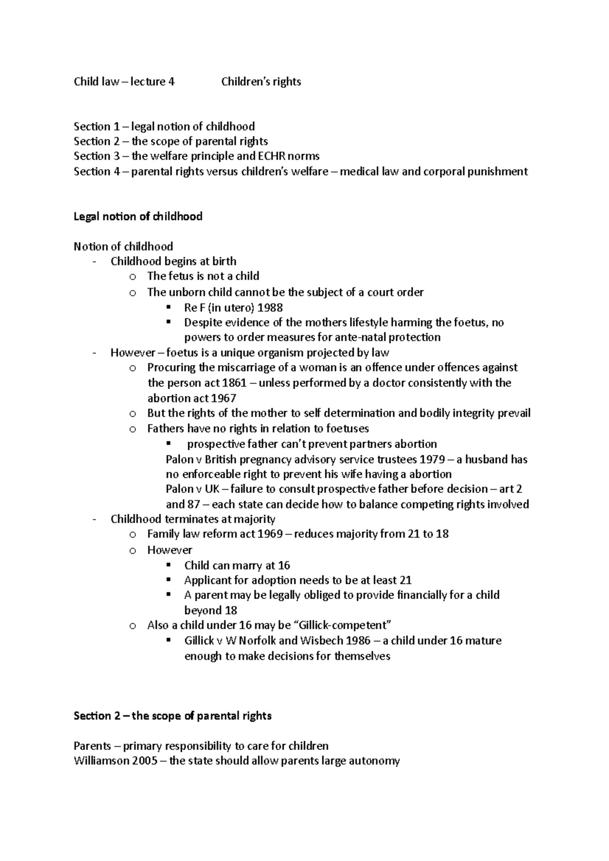 Lecture 4 - Child law – lecture 4 Children’s rights Section 1 – legal ...
