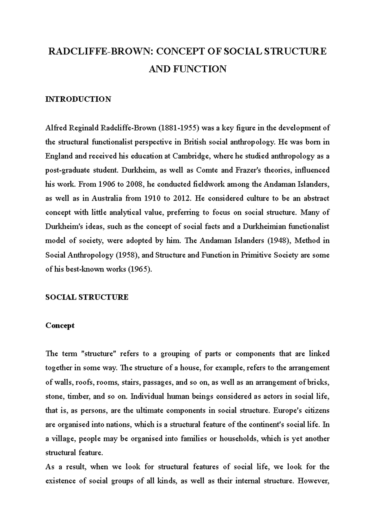 Radcliffe Brown Concept OF Social Structure AND Function RADCLIFFE