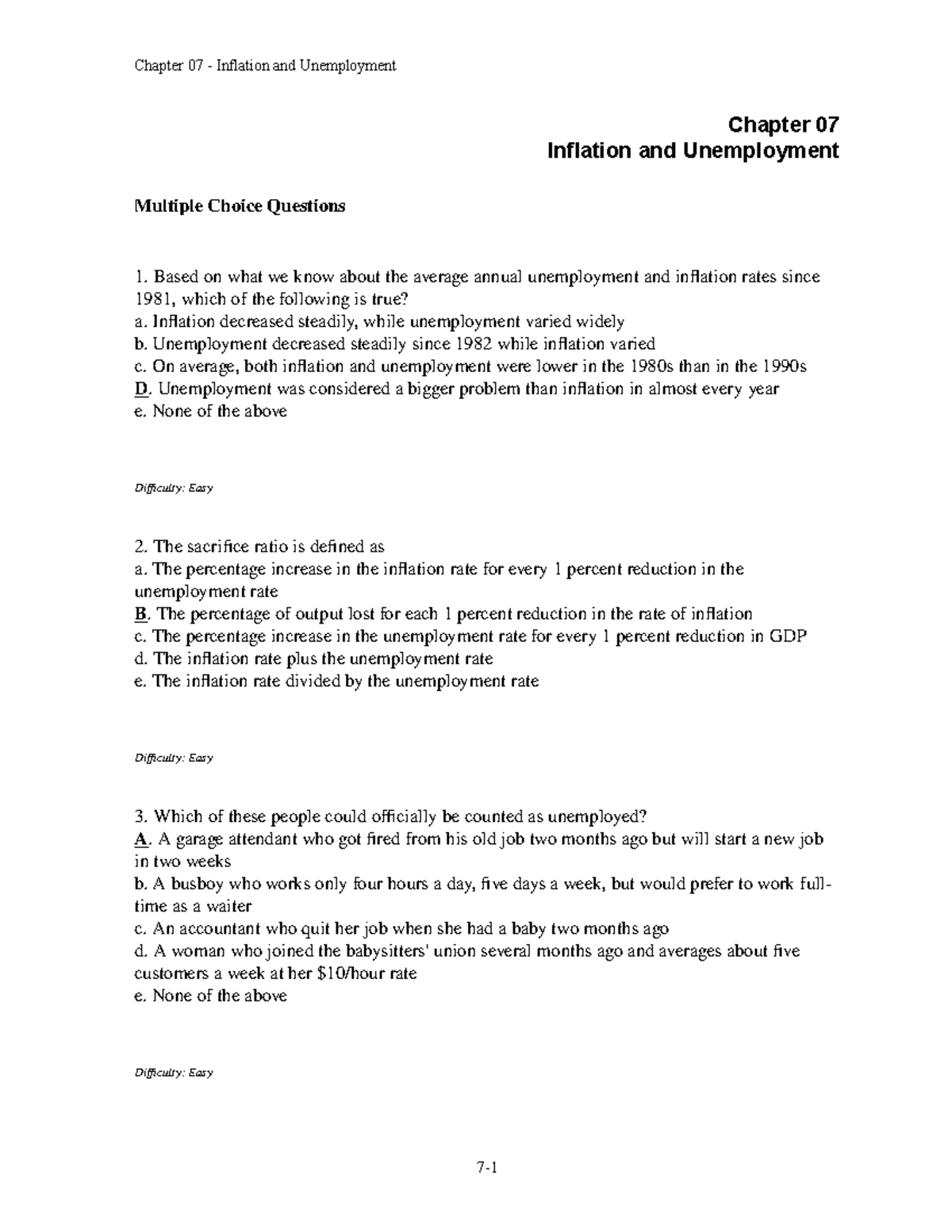 Tb Chap 007 - Chapter 07 Inflation and Unemployment Multiple Choice ...