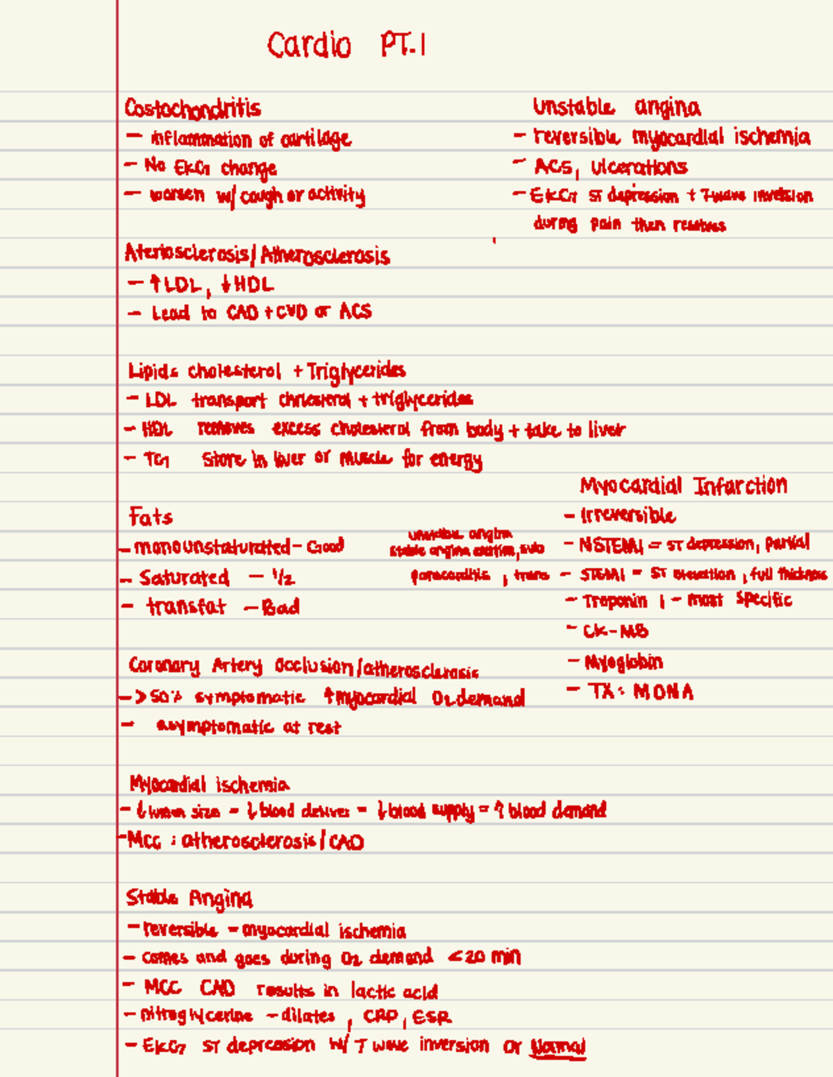 Patho Study Guide - Cardio PT- Costochondritis Unstable angina ...