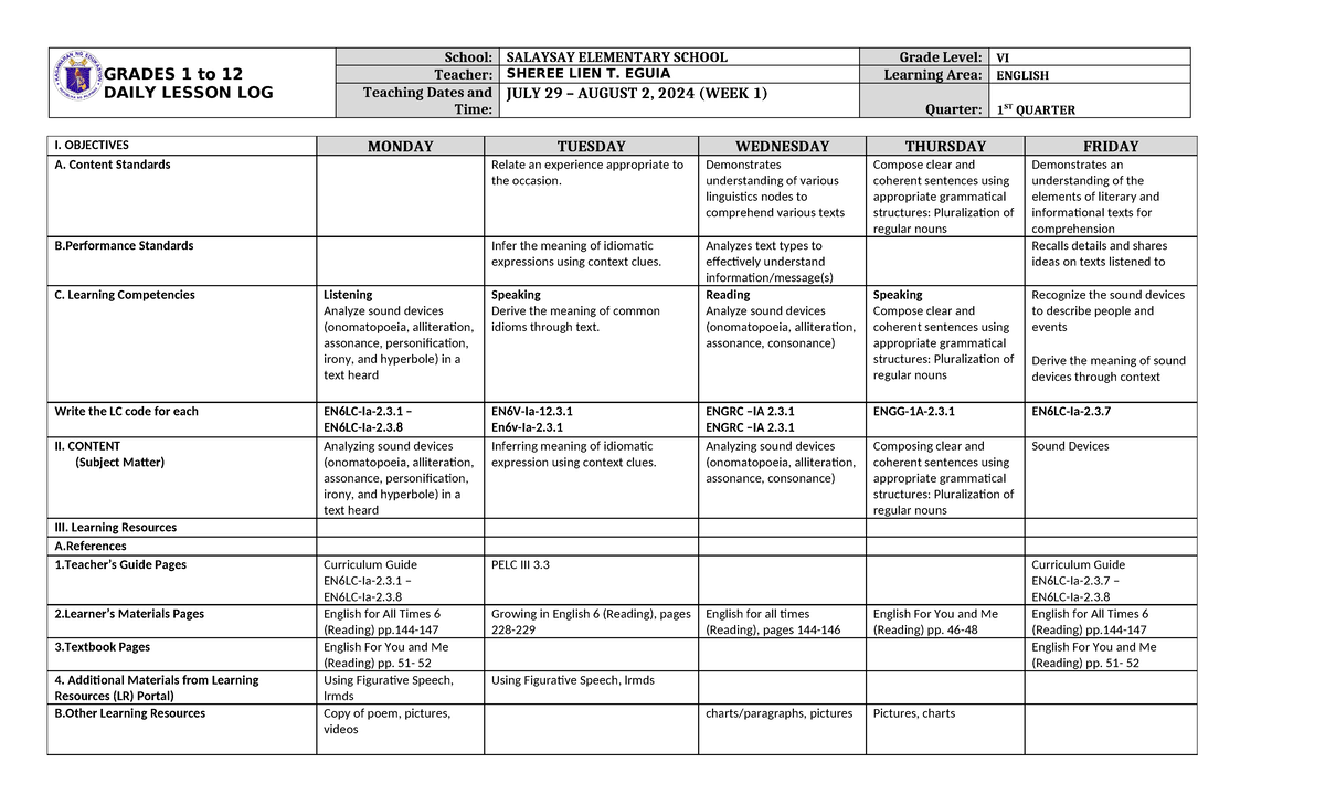 DLL English-6 Q1 W1 - Daily Lesson Log Quarter 1 Week 1 - GRADES 1 to ...