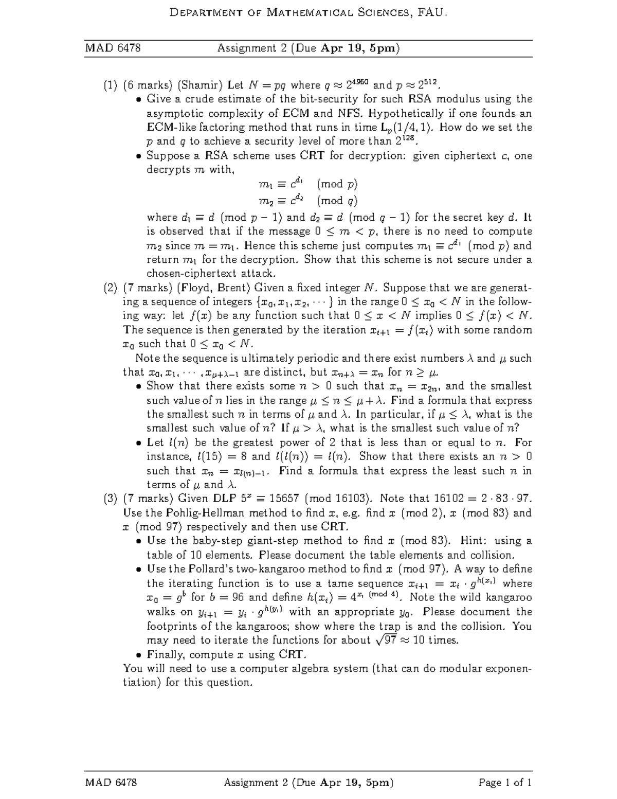 Homework Assignment 2 - Department of Mathematical Sciences, FAU. MAD ...