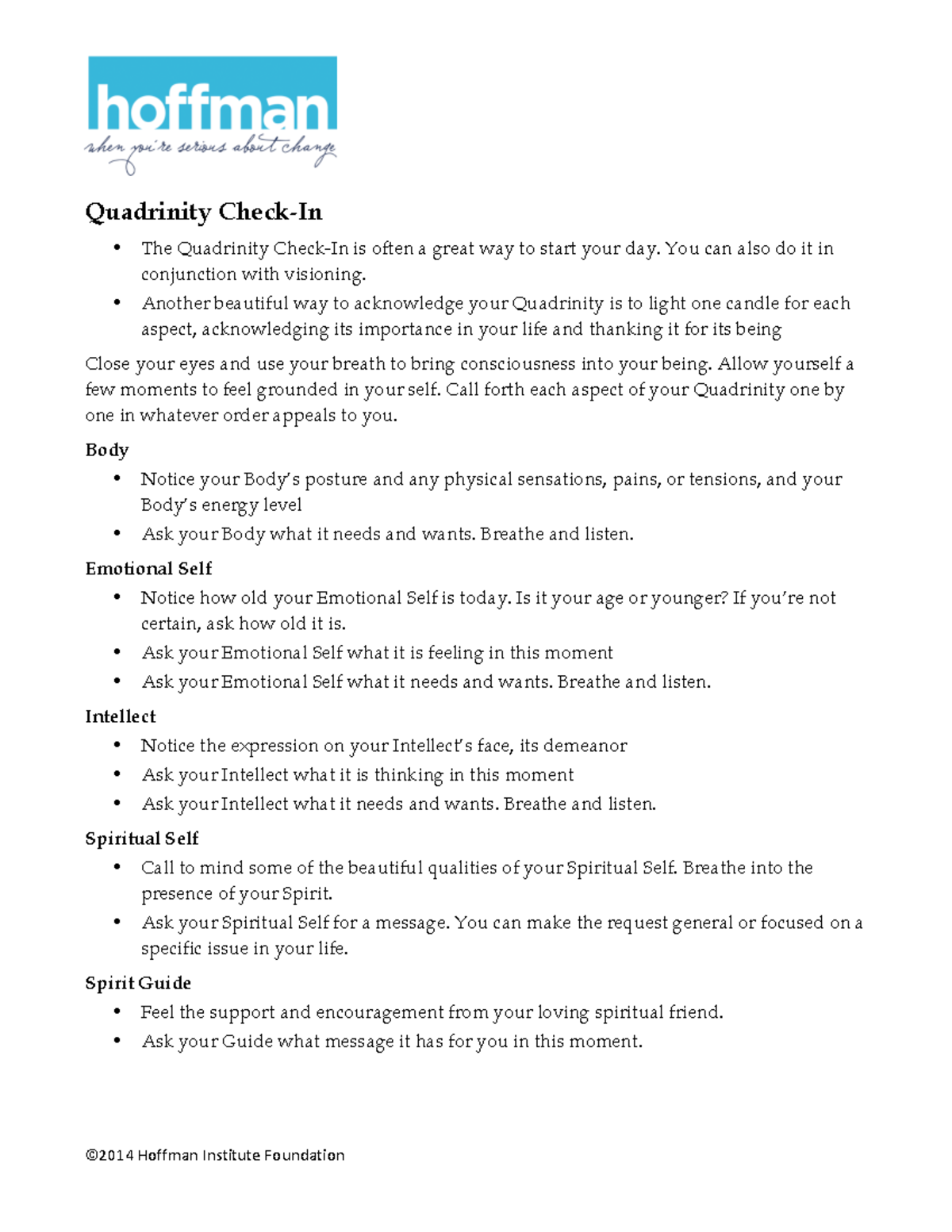 PracticesQuadrinity Check In ©2014鈀 Hoffman鈀 Institute鈀 Foundation鈀
