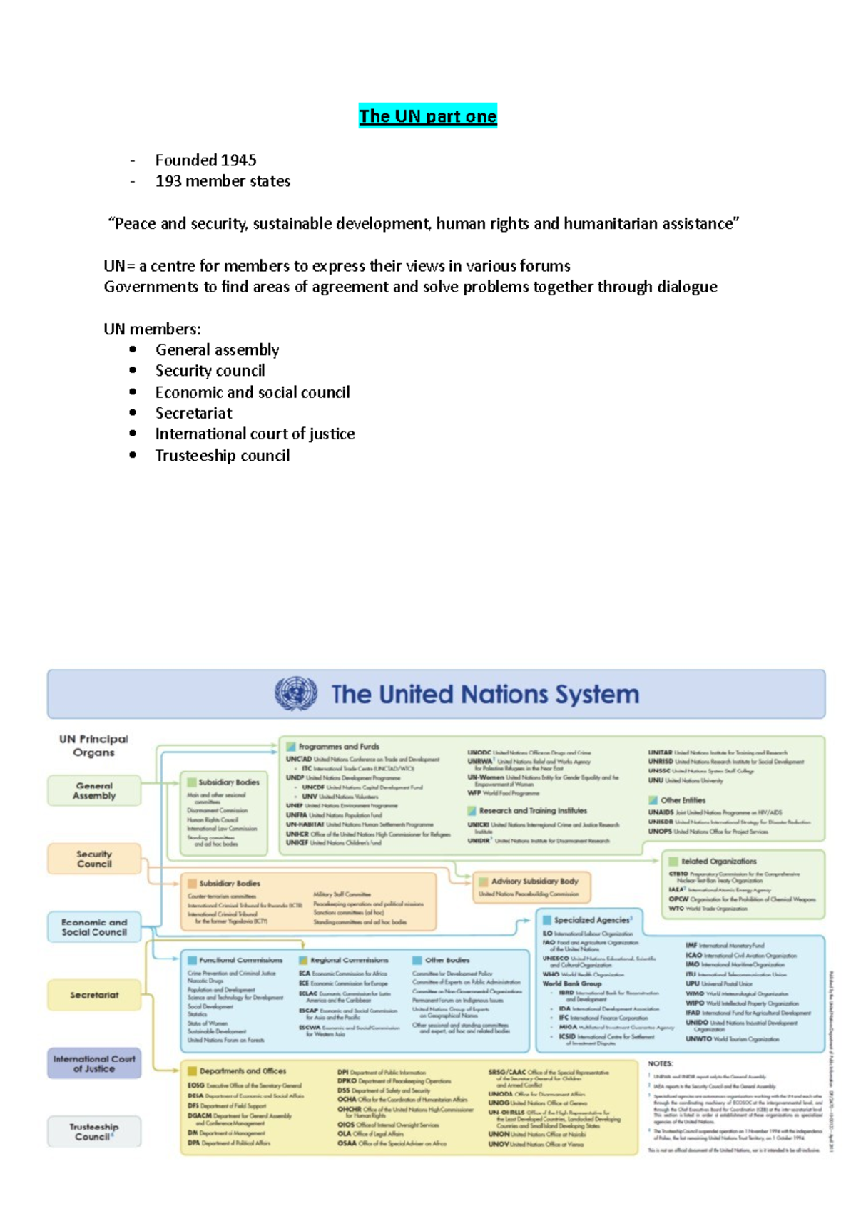 The UN part one and two lecture - The UN part one Founded 1945 193 ...