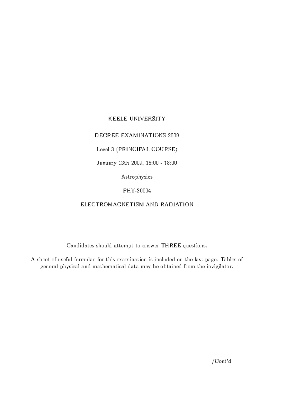 Exam 2010, questions - KEELE UNIVERSITY DEGREE EXAMINATIONS 2009 Level ...