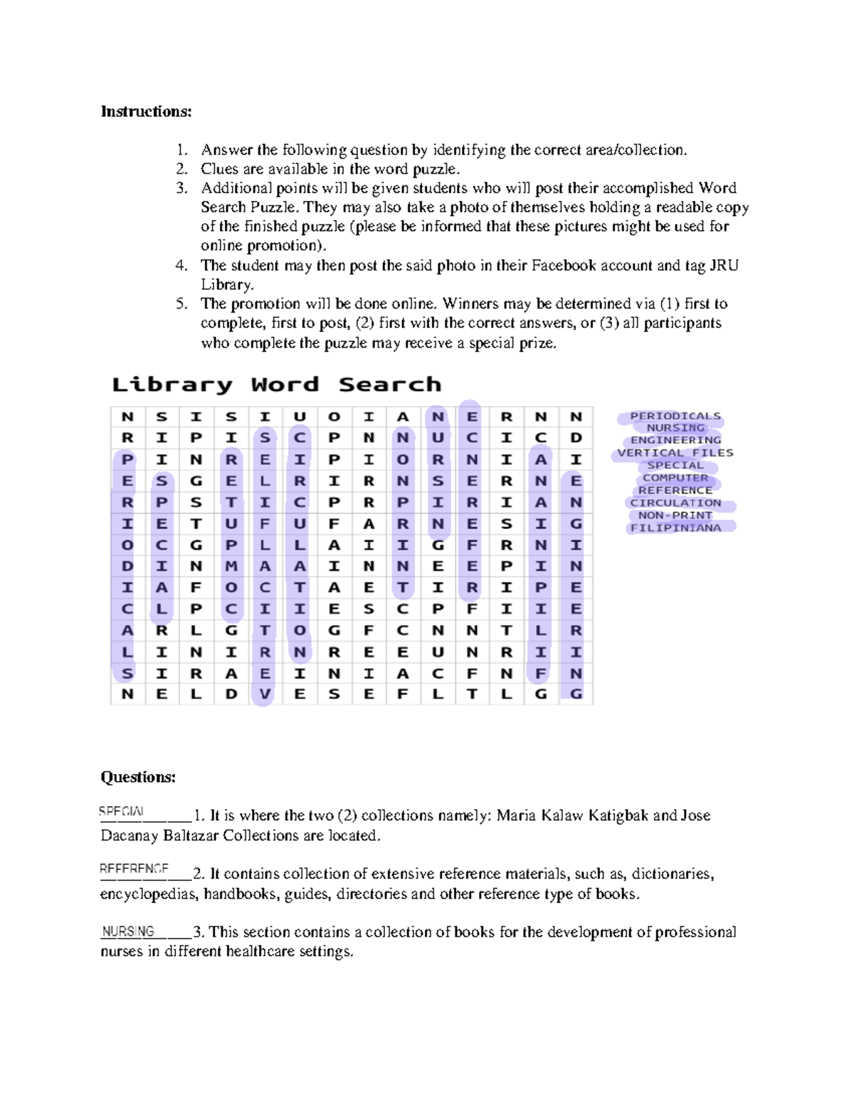 Word Search Collection and Areas- Agawin - Instructions: Answer the ...