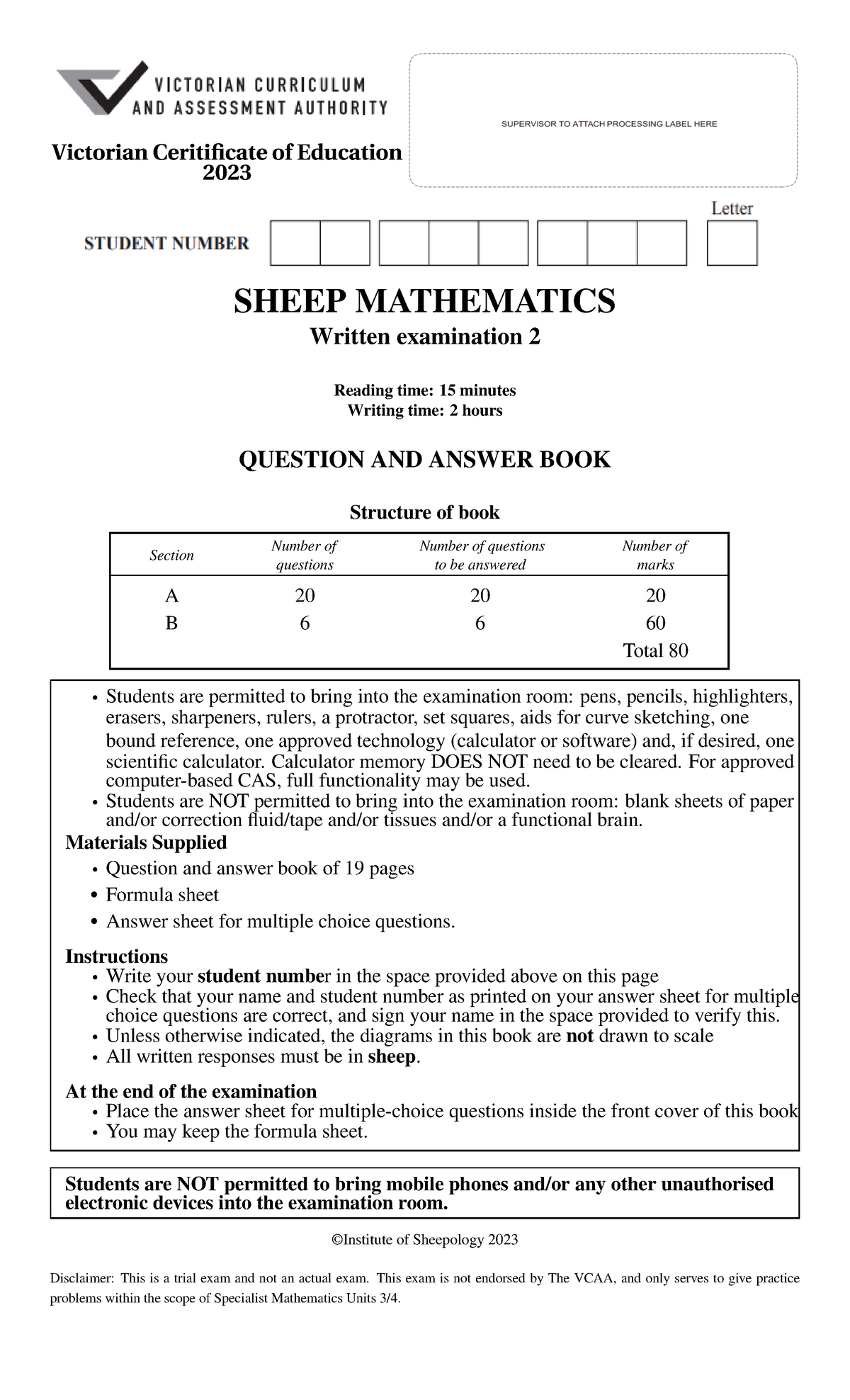 Specialist Maths exam Victorian Ceriti cate of Education 2023 SHEEP