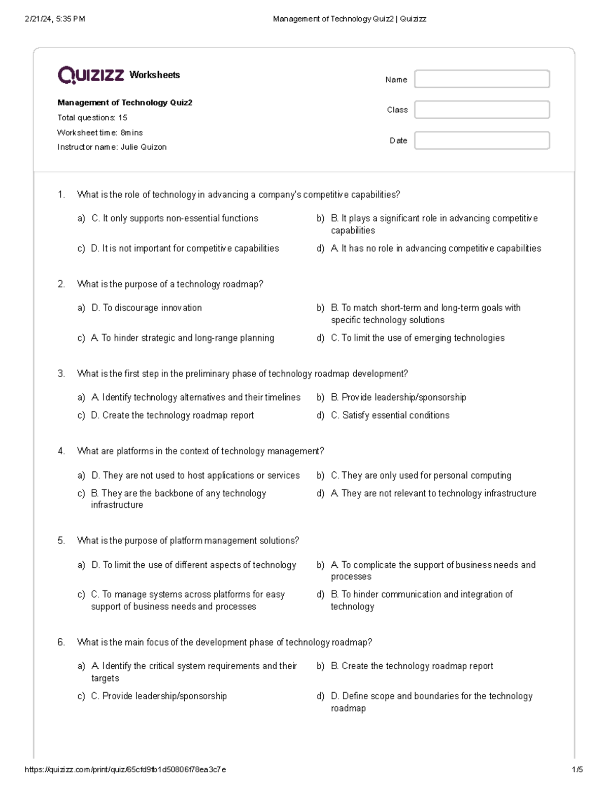 Management of Technology Quiz2 Quizizzwed - Worksheets Management of ...