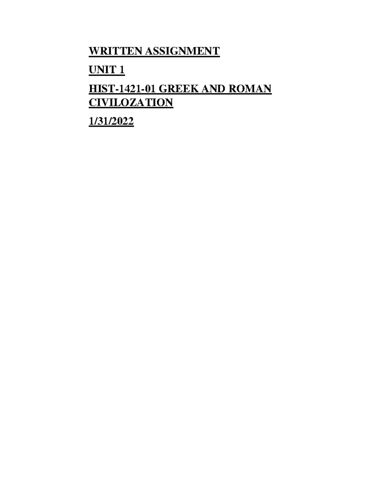 Written Assignment UNIT 1 BUS 1421-01 - WRITTEN ASSIGNMENT UNIT 1 HIST ...