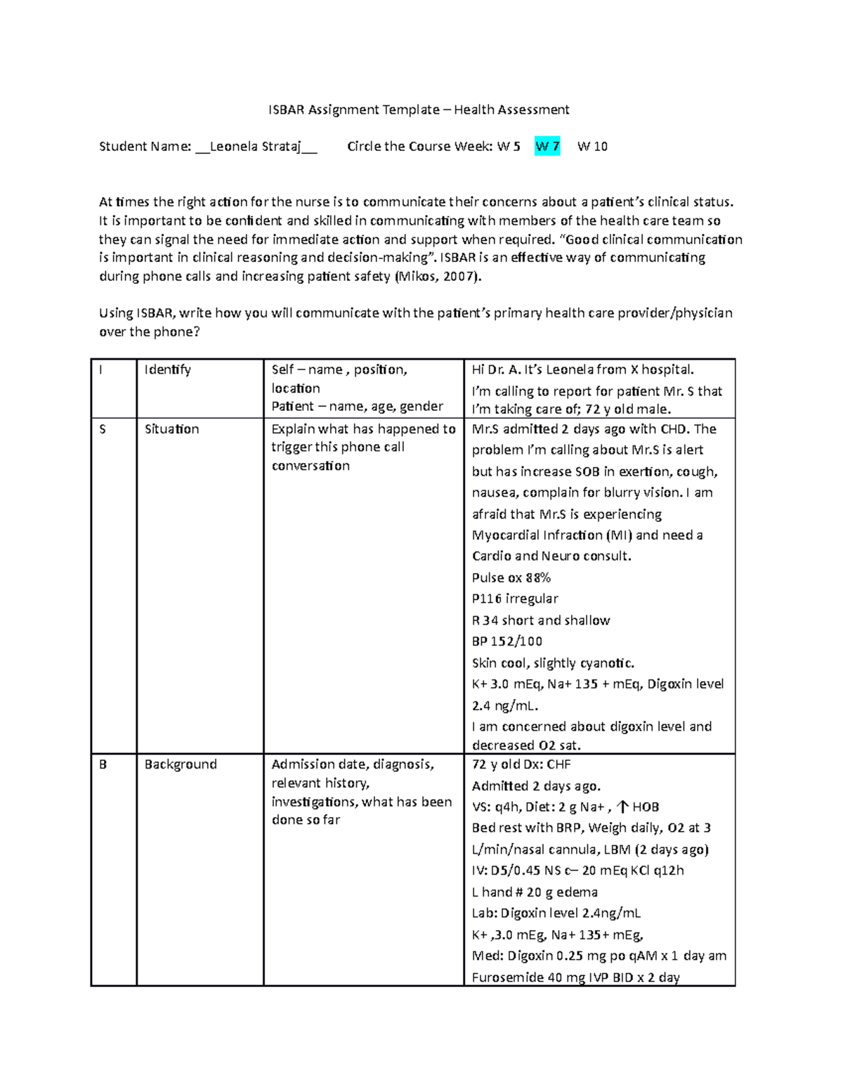 7 Isbar Assignment - ISBAR Assignment Template – Health Assessment ...