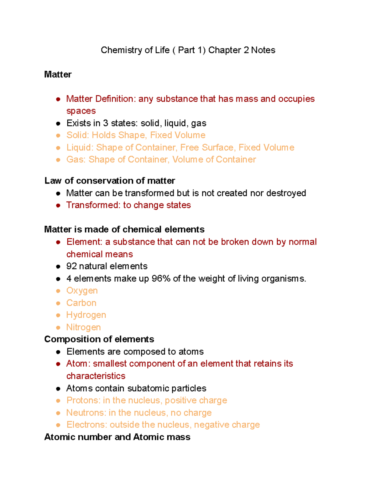 Chemistry of Life ( Part 1) Notes 1 Chemistry of Life ( Part 1