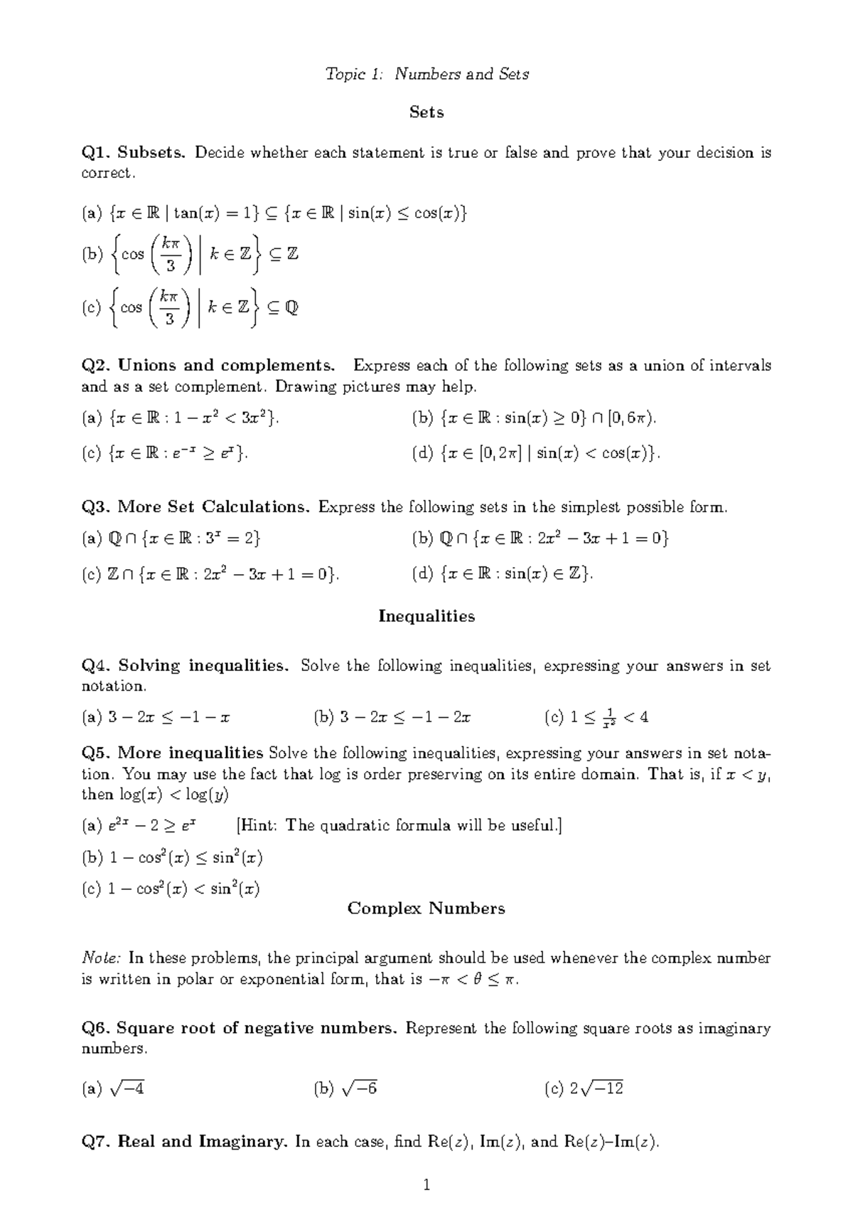 Problem Booklet Topic 1 - Topic 1: Numbers and Sets Sets Q1. Subsets ...