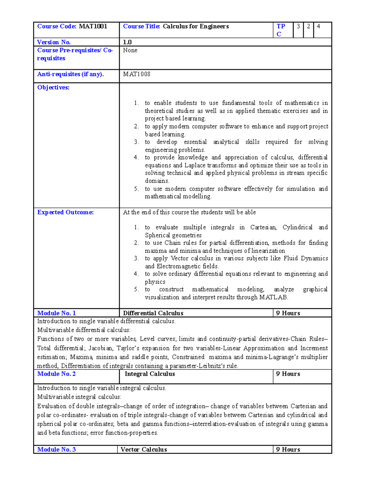 MAT1001 Calculus-FOR- Engineers ETH 1.0 1 MAT 1001 - Course Code ...