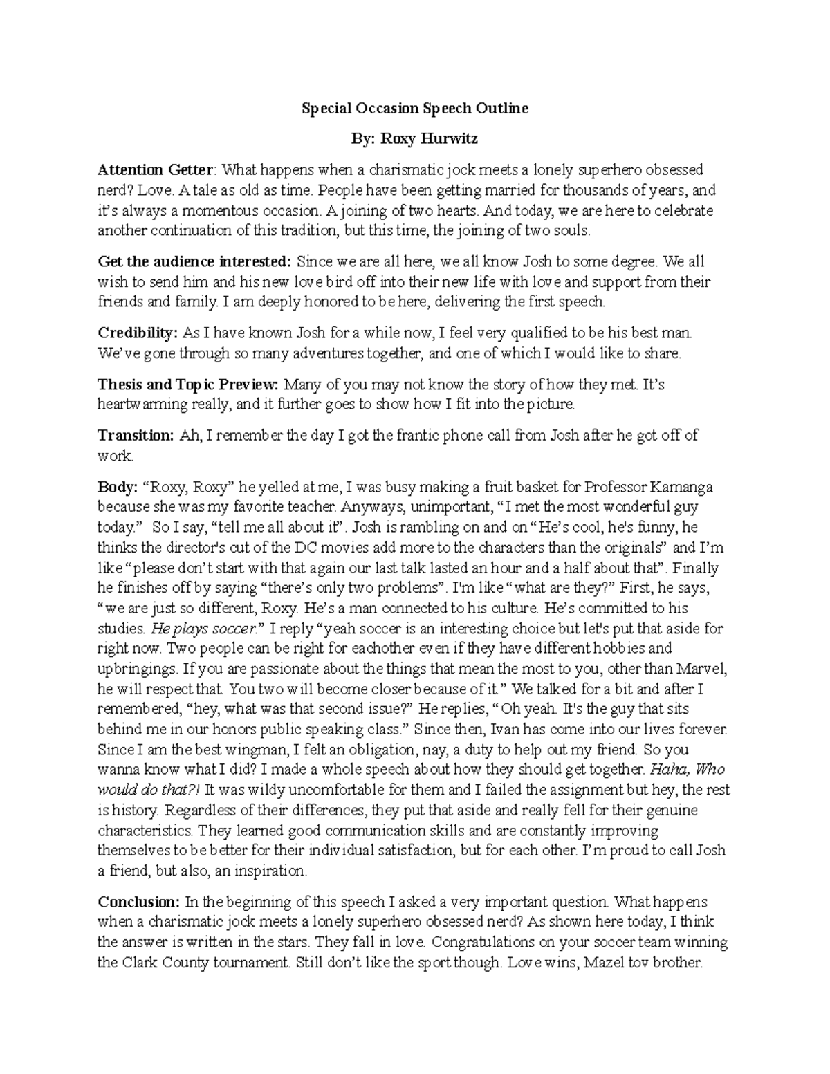 HON 101 Special Occasion Speech Outline 2022 Special Occasion Speech