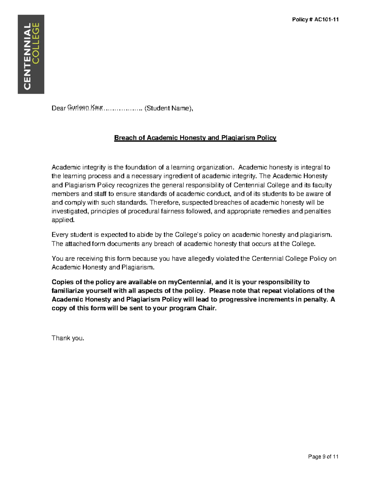 Academic Policy - Neiry - Policy # AC101- Page 9 of 11 Dear