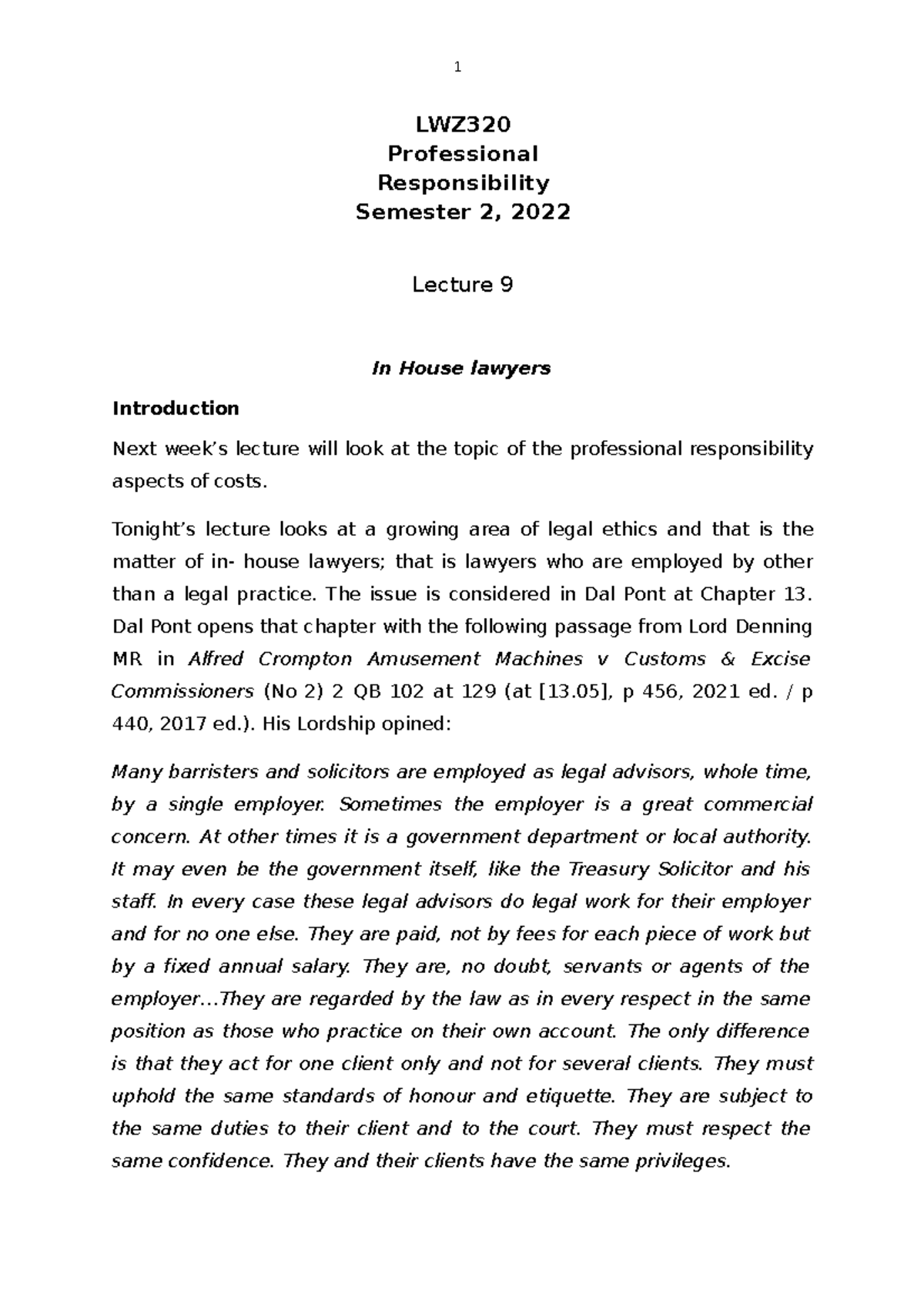 Week 9- In-House Lawyers - notes - LWZ Professional Responsibility ...