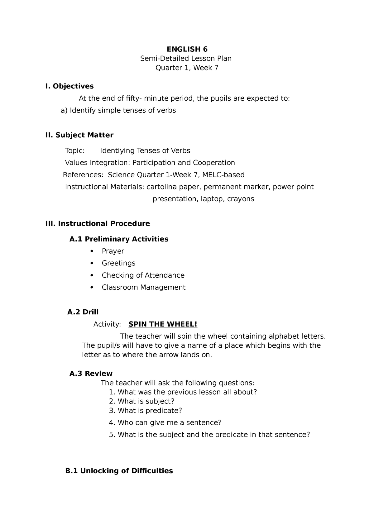 COT 1 (2022-2023) - Lesson Plan - ENGLISH 6 Semi-Detailed Lesson Plan ...