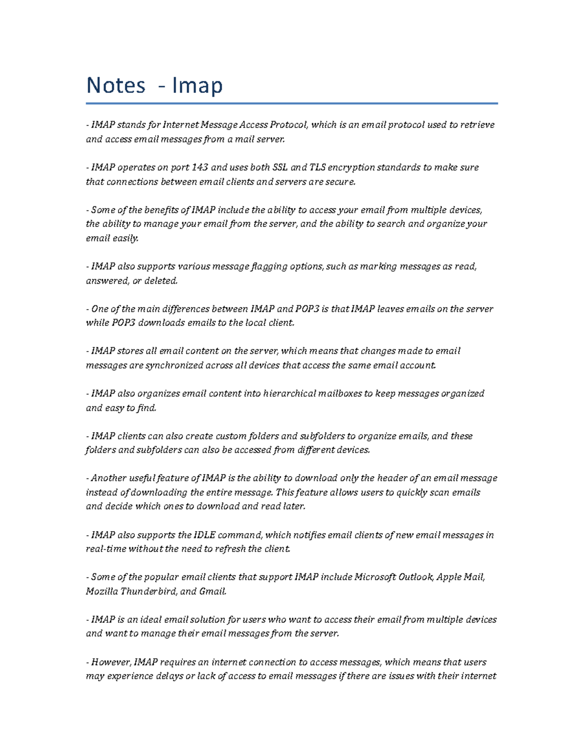 Lecture notes - Imap - Notes - Imap IMAP stands for Internet Message ...