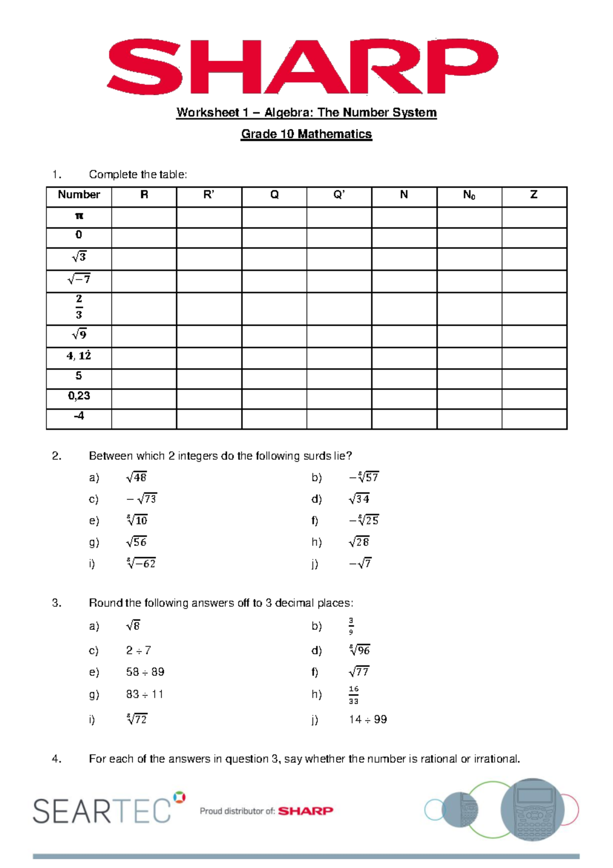 Worksheet 1 Algebra - The Number system Grade 10 Mathematics ...