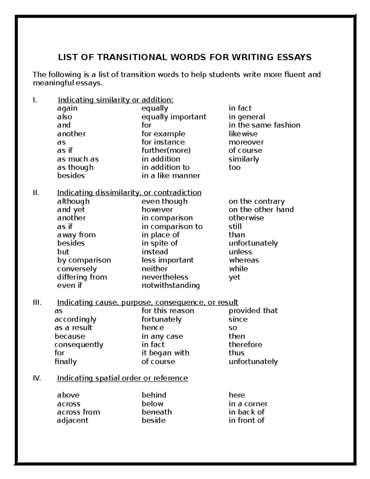 Transitions List of Words - LIST OF TRANSITIONAL WORDS FOR WRITING ...