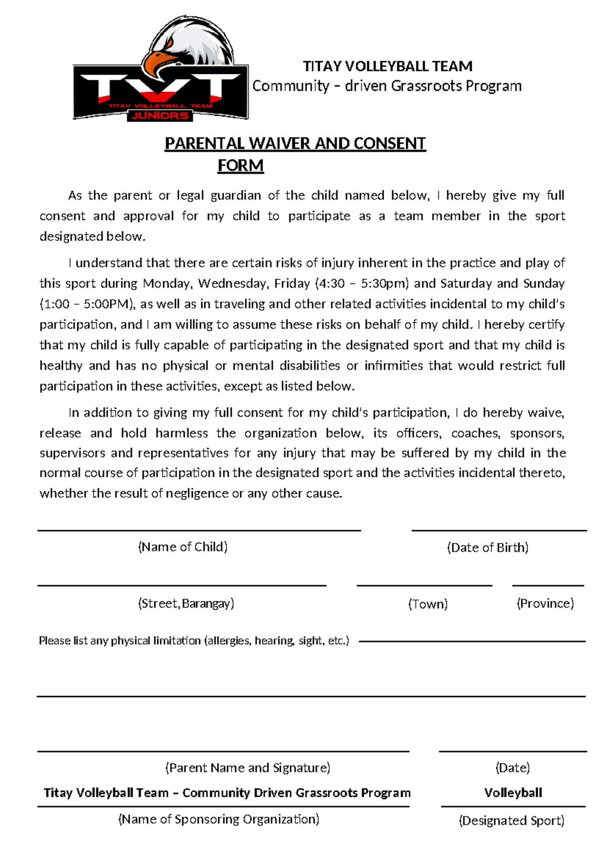 TVT waiver - sasas - TITAY VOLLEYBALL TEAM Community – driven ...