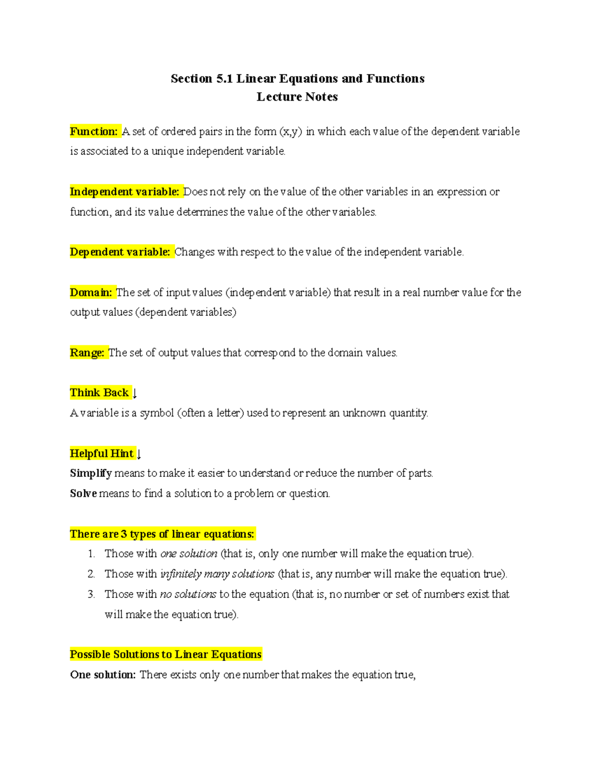 Section 5.1 Notes - Section 5 Linear Equations and Functions Lecture ...