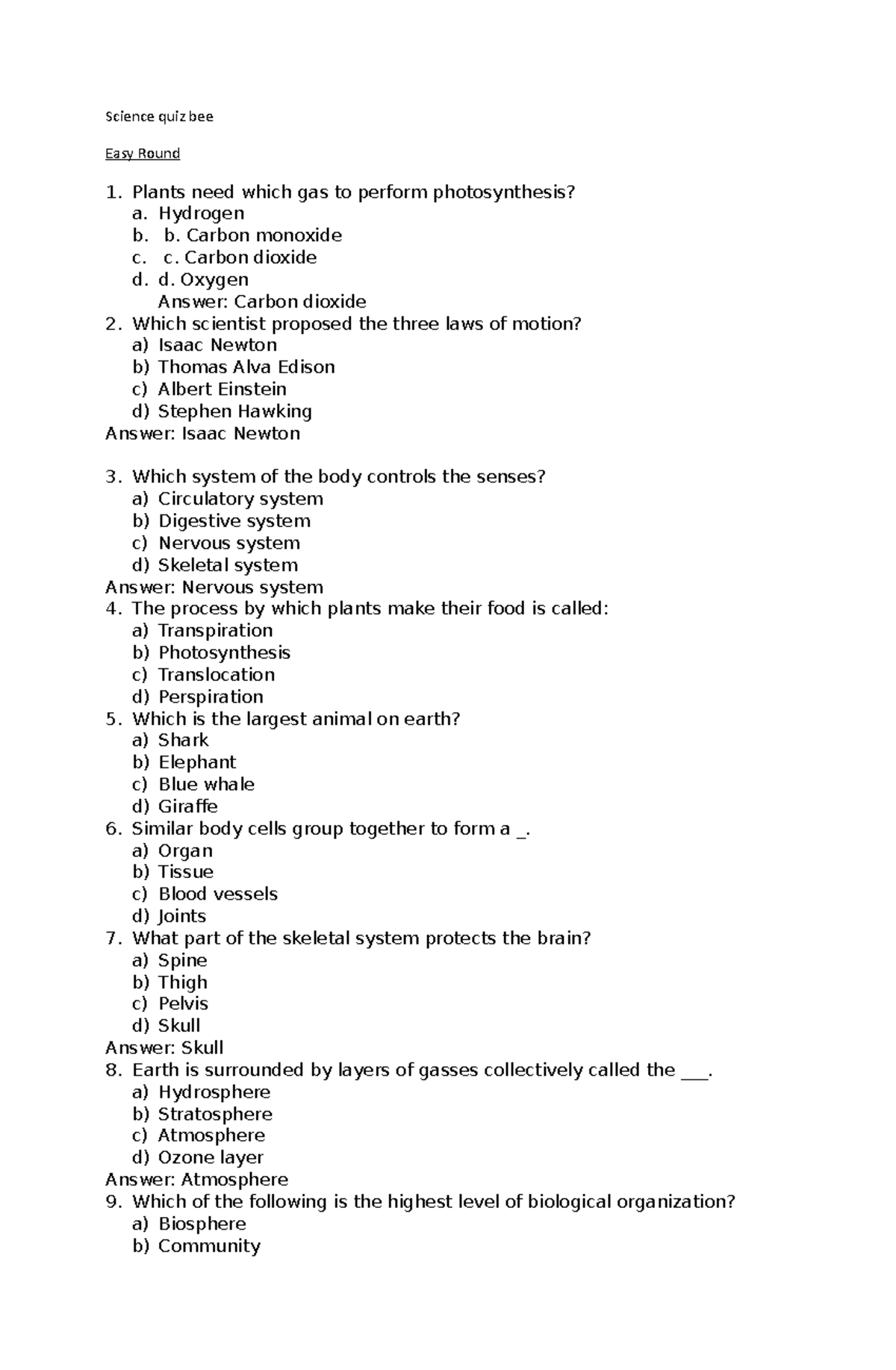 Sciencequizbee It's quiz for science. Science quiz bee Easy Round