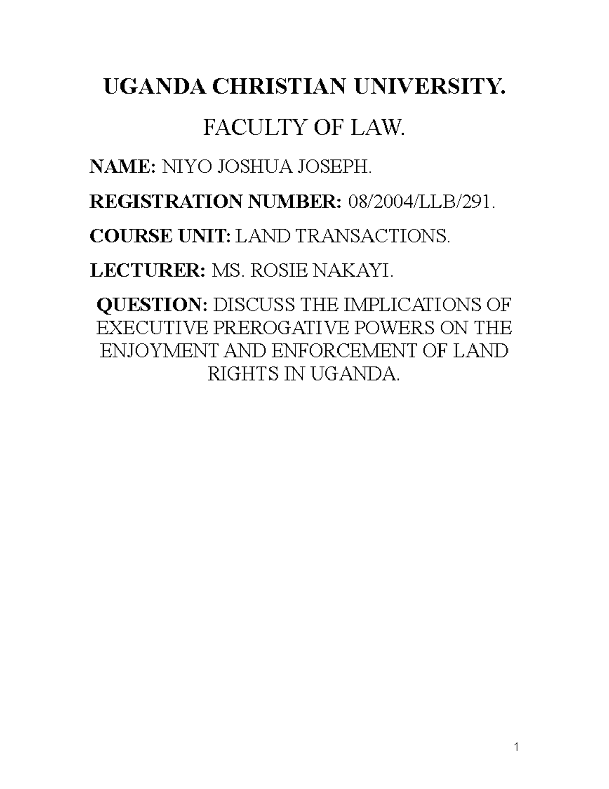 LandII 2 Reading list UGANDA CHRISTIAN UNIVERSITY. FACULTY OF LAW