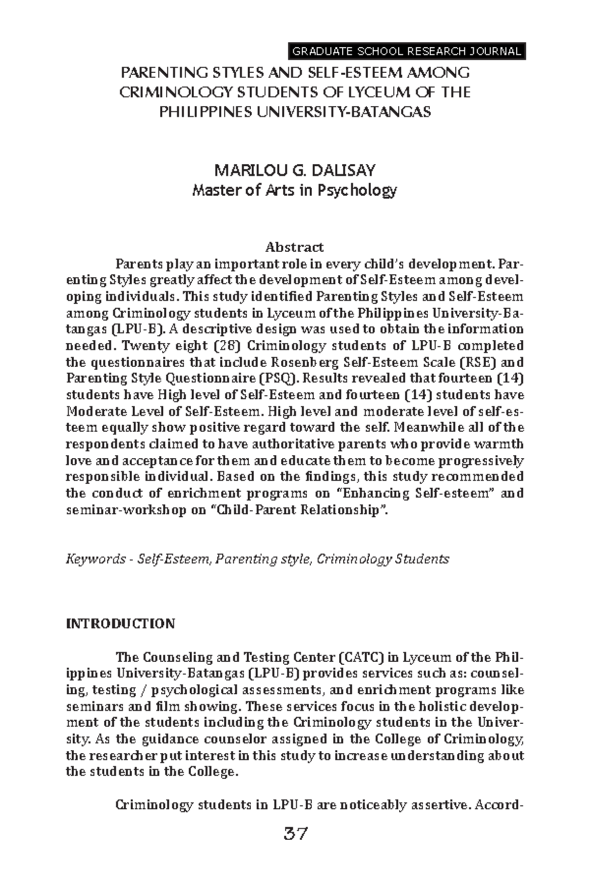 GSRJ Parenting Styles AND SELF Esteem - GRADUATE SCHOOL RESEARCH ...