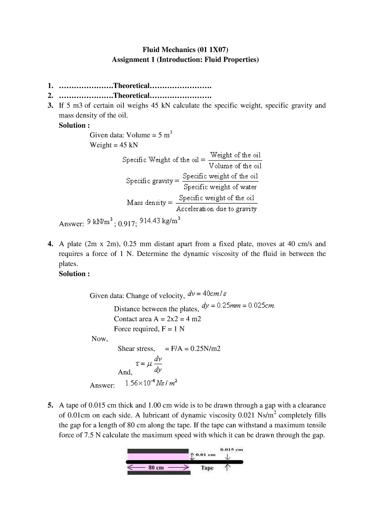 Fluid Mechanics and solutions - Fluid Mechanics (01 1X07) Assignment 1 ...